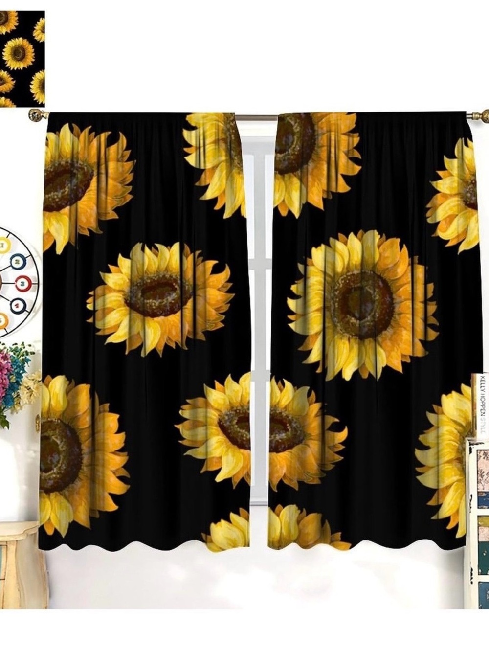 Sunflower Black Window Curtains - Home Accents